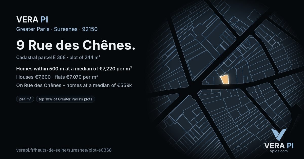 9 Rue des Chênes, Suresnes at night – the plot lit, the parcels around coloured by the prices near them