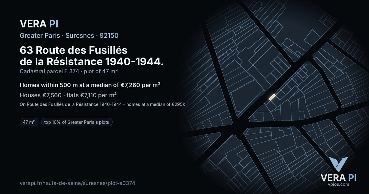 63 Route des Fusillés de la Résistance 1940-1944, Suresnes at night – the plot lit, the parcels around coloured by the prices near them