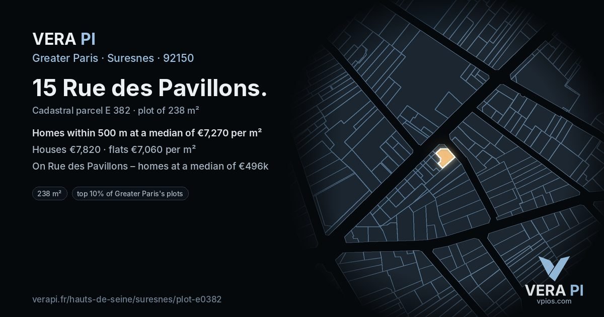 15 Rue des Pavillons, Suresnes at night – the plot lit, the parcels around coloured by the prices near them