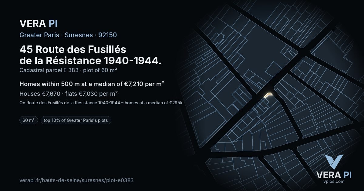 45 Route des Fusillés de la Résistance 1940-1944, Suresnes at night – the plot lit, the parcels around coloured by the prices near them