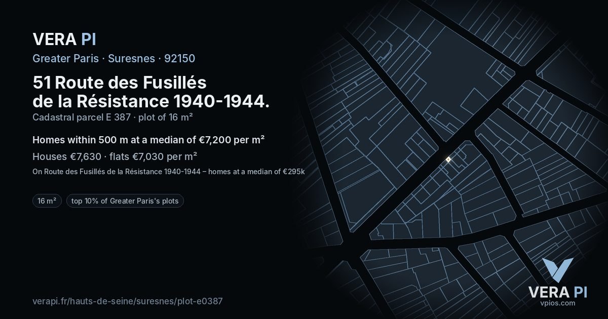 51 Route des Fusillés de la Résistance 1940-1944, Suresnes at night – the plot lit, the parcels around coloured by the prices near them