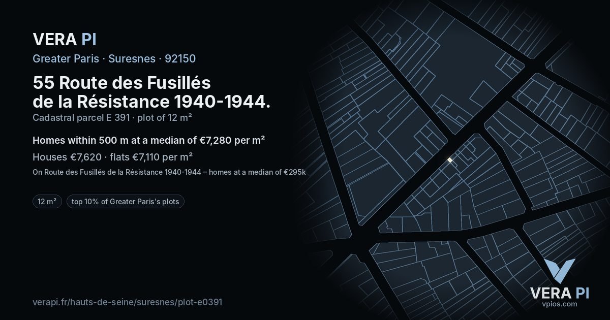 55 Route des Fusillés de la Résistance 1940-1944, Suresnes at night – the plot lit, the parcels around coloured by the prices near them