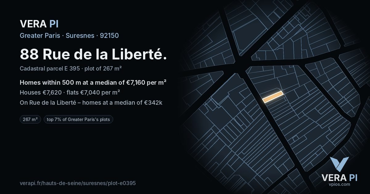 88 Rue de la Liberté, Suresnes at night – the plot lit, the parcels around coloured by the prices near them