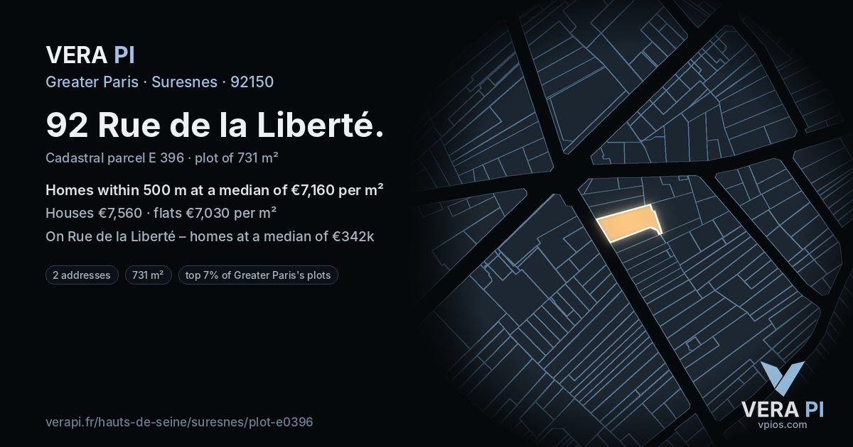 92 Rue de la Liberté, Suresnes at night – the plot lit, the parcels around coloured by the prices near them