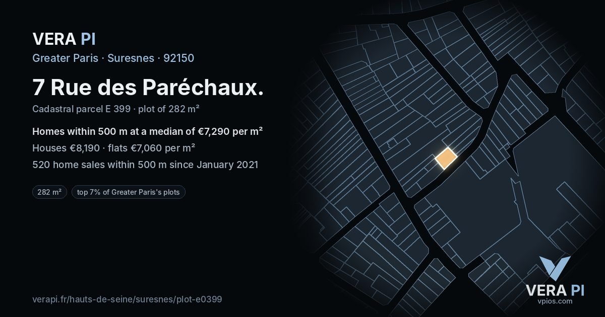 7 Rue des Paréchaux, Suresnes at night – the plot lit, the parcels around coloured by the prices near them