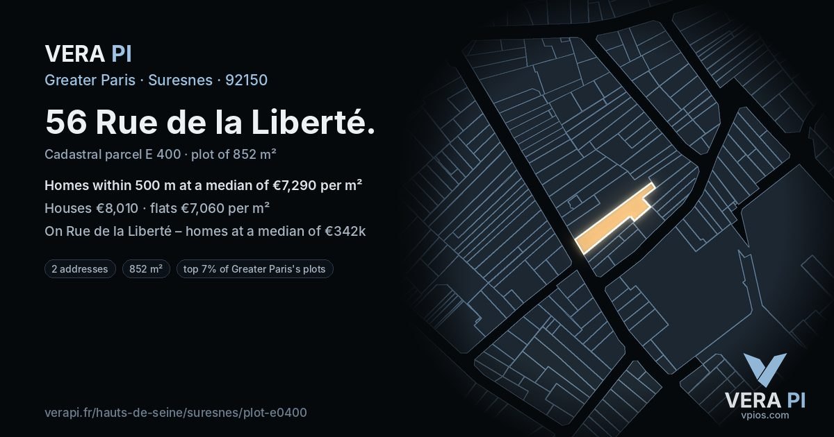56 Rue de la Liberté, Suresnes at night – the plot lit, the parcels around coloured by the prices near them