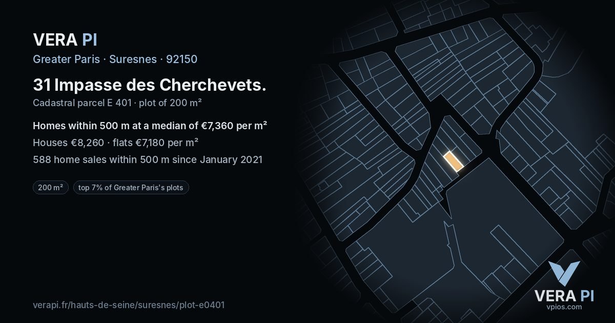 31 Impasse des Cherchevets, Suresnes at night – the plot lit, the parcels around coloured by the prices near them