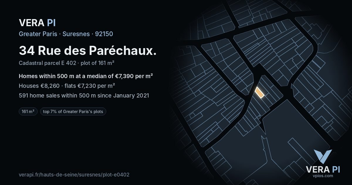 34 Rue des Paréchaux, Suresnes at night – the plot lit, the parcels around coloured by the prices near them