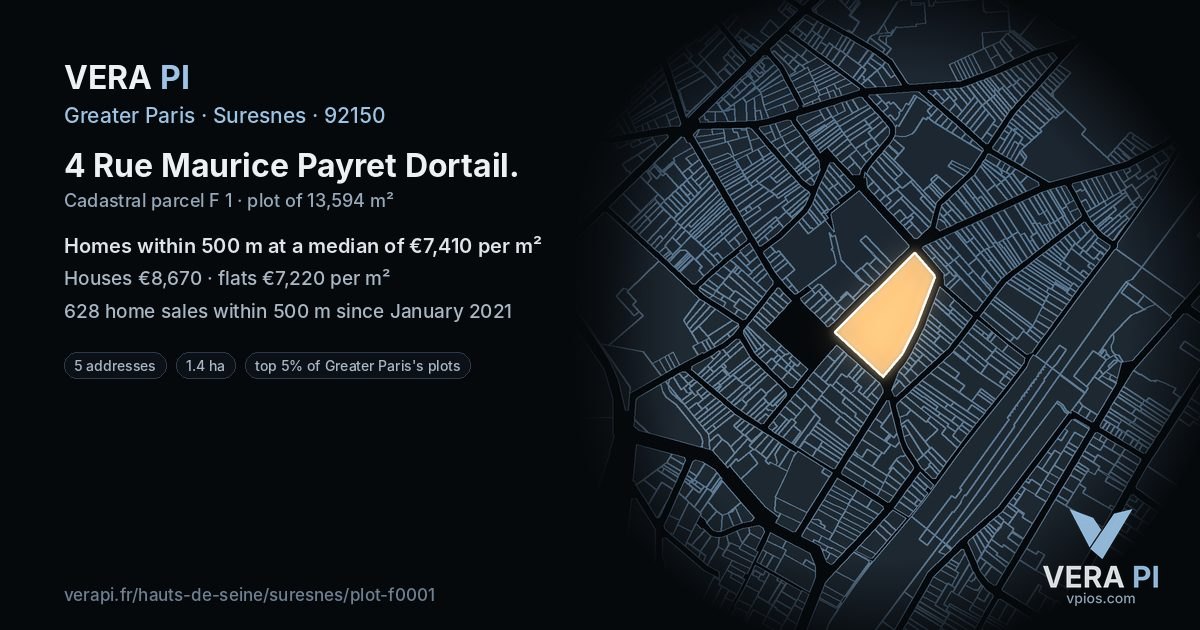 4 Rue Maurice Payret Dortail, Suresnes at night – the plot lit, the parcels around coloured by the prices near them