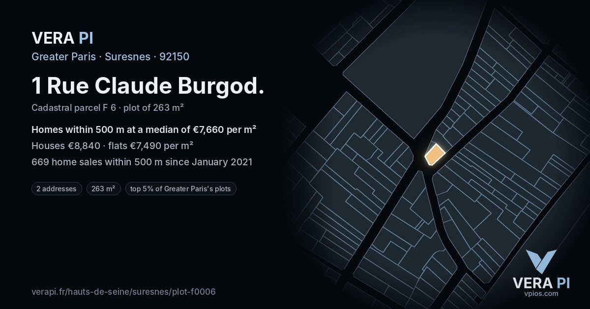 1 Rue Claude Burgod, Suresnes at night – the plot lit, the parcels around coloured by the prices near them