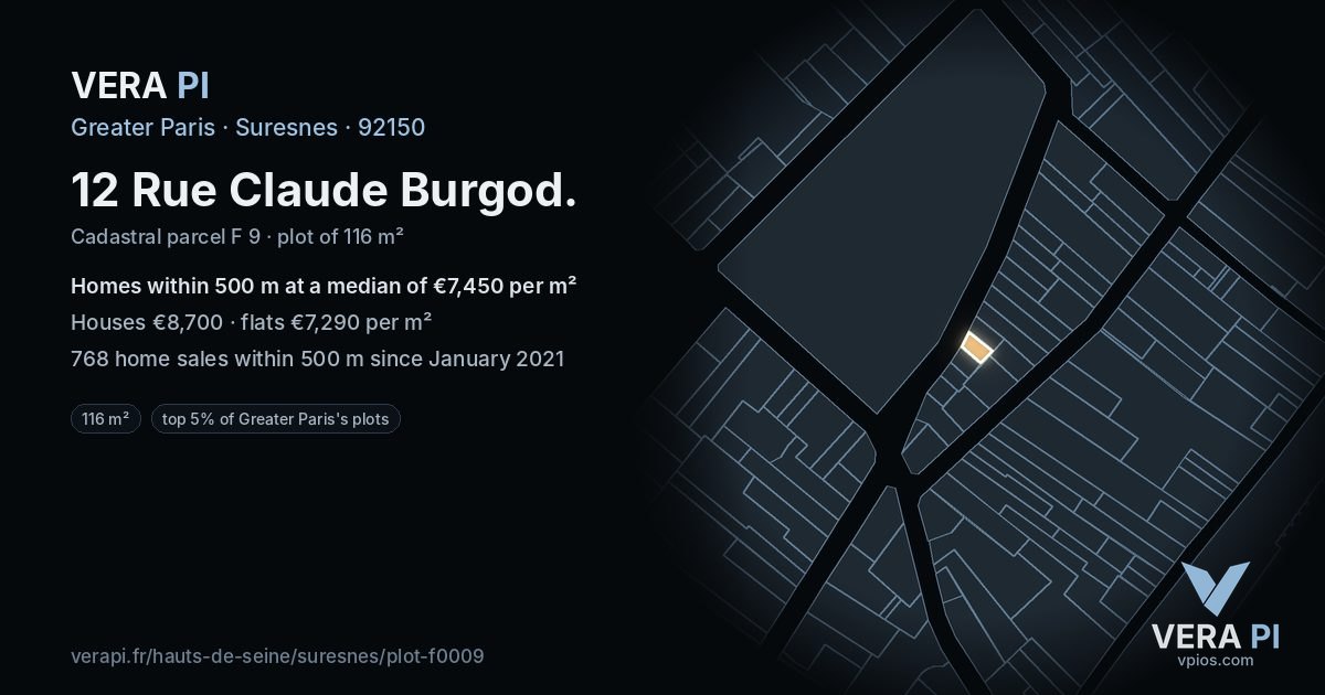 12 Rue Claude Burgod, Suresnes at night – the plot lit, the parcels around coloured by the prices near them