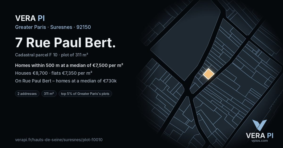 7 Rue Paul Bert, Suresnes at night – the plot lit, the parcels around coloured by the prices near them