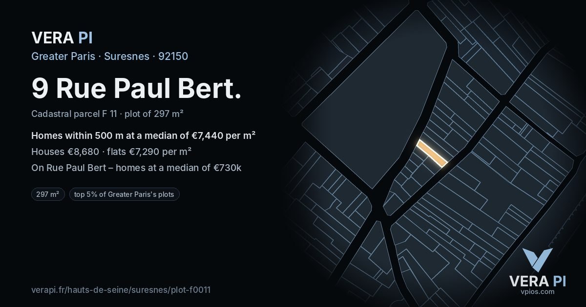 9 Rue Paul Bert, Suresnes at night – the plot lit, the parcels around coloured by the prices near them