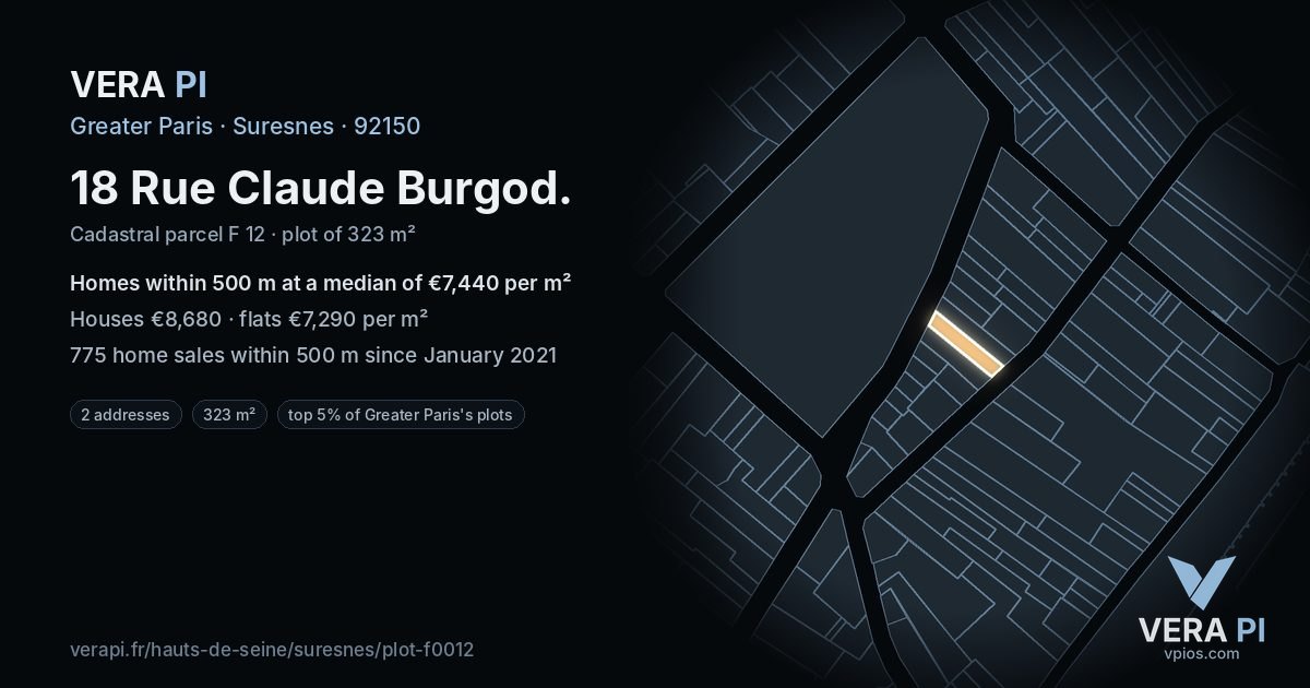 18 Rue Claude Burgod, Suresnes at night – the plot lit, the parcels around coloured by the prices near them