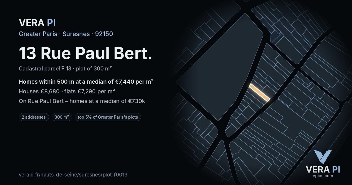 13 Rue Paul Bert, Suresnes at night – the plot lit, the parcels around coloured by the prices near them