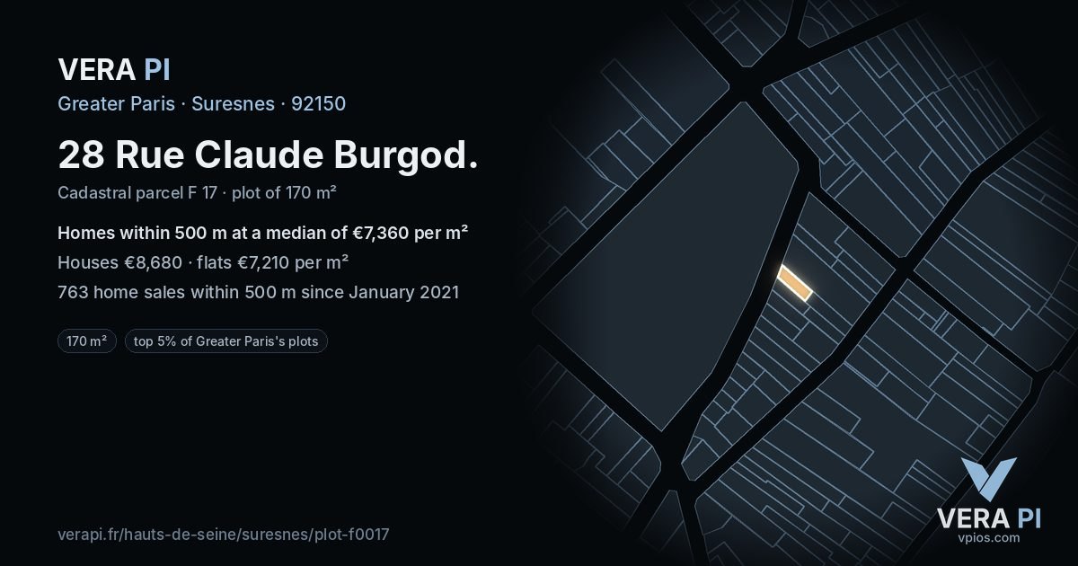 28 Rue Claude Burgod, Suresnes at night – the plot lit, the parcels around coloured by the prices near them