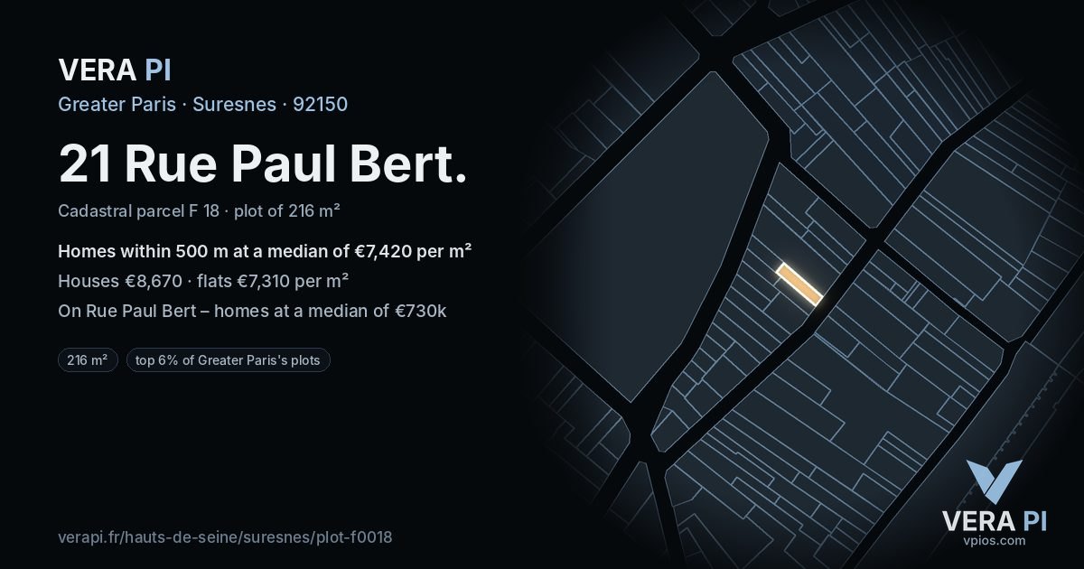 21 Rue Paul Bert, Suresnes at night – the plot lit, the parcels around coloured by the prices near them