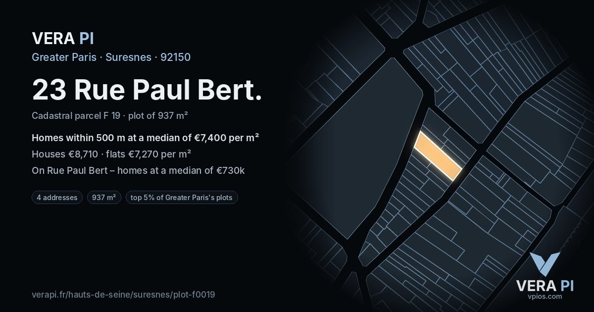 23 Rue Paul Bert, Suresnes at night – the plot lit, the parcels around coloured by the prices near them