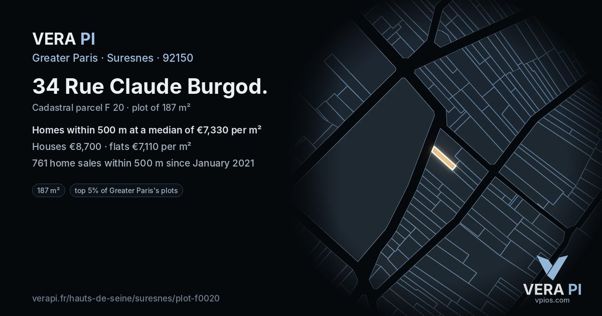 34 Rue Claude Burgod, Suresnes at night – the plot lit, the parcels around coloured by the prices near them