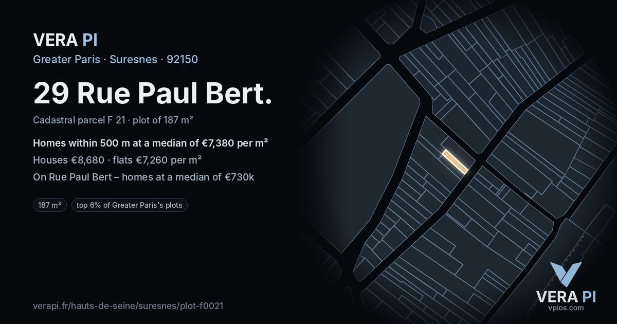 29 Rue Paul Bert, Suresnes at night – the plot lit, the parcels around coloured by the prices near them