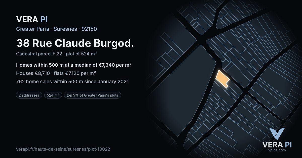38 Rue Claude Burgod, Suresnes at night – the plot lit, the parcels around coloured by the prices near them