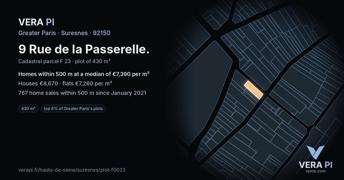 9 Rue de la Passerelle, Suresnes at night – the plot lit, the parcels around coloured by the prices near them