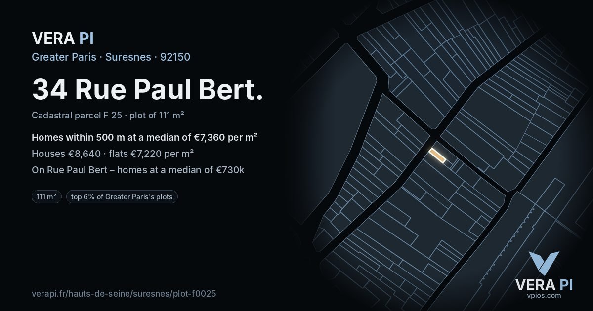 34 Rue Paul Bert, Suresnes at night – the plot lit, the parcels around coloured by the prices near them