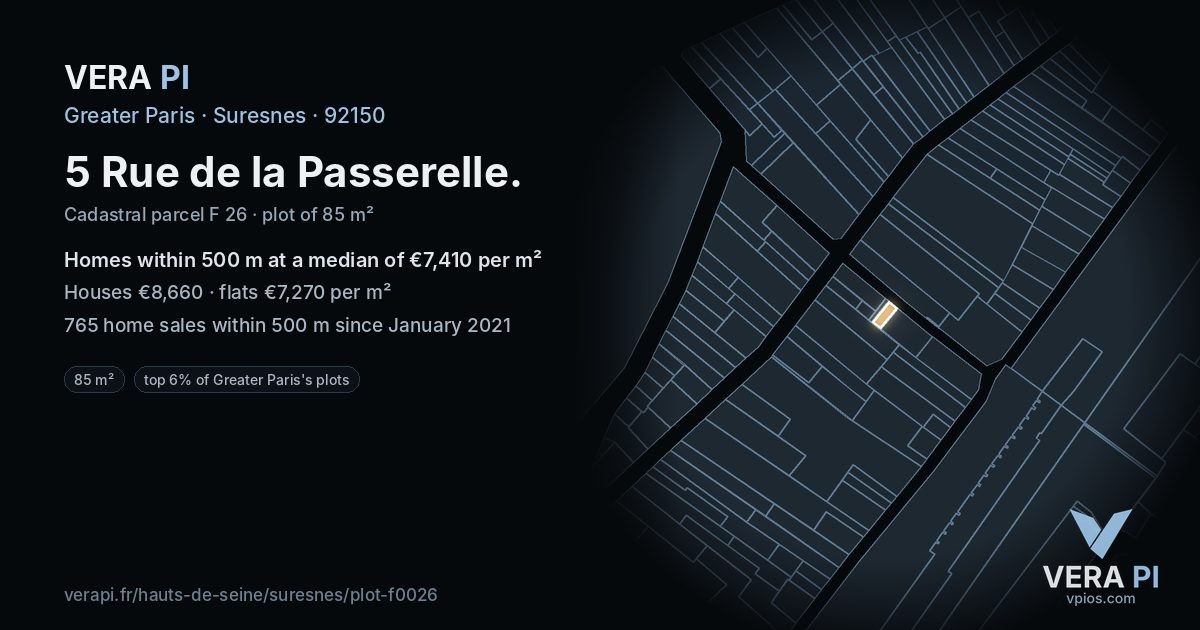 5 Rue de la Passerelle, Suresnes at night – the plot lit, the parcels around coloured by the prices near them