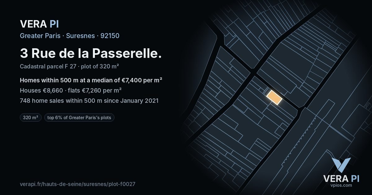 3 Rue de la Passerelle, Suresnes at night – the plot lit, the parcels around coloured by the prices near them