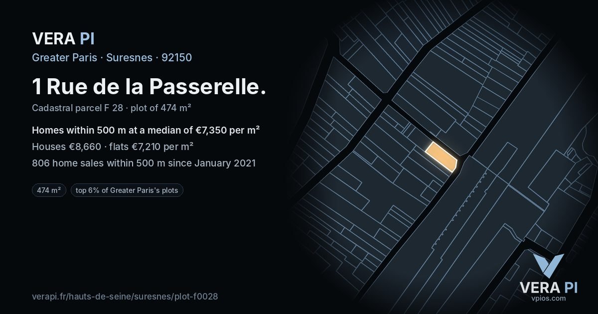 1 Rue de la Passerelle, Suresnes at night – the plot lit, the parcels around coloured by the prices near them