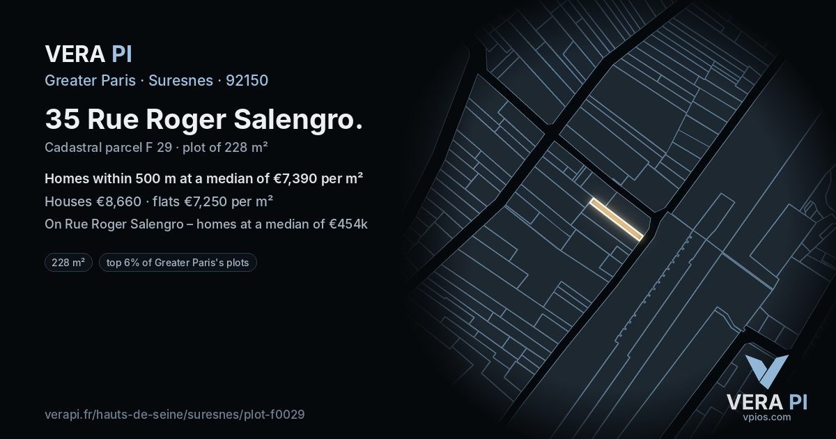 35 Rue Roger Salengro, Suresnes at night – the plot lit, the parcels around coloured by the prices near them