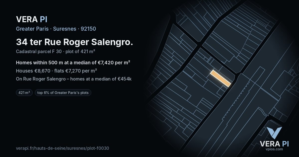 34 ter Rue Roger Salengro, Suresnes at night – the plot lit, the parcels around coloured by the prices near them