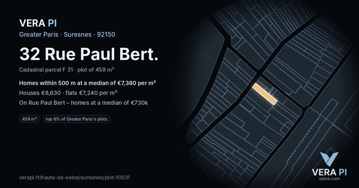 32 Rue Paul Bert, Suresnes at night – the plot lit, the parcels around coloured by the prices near them
