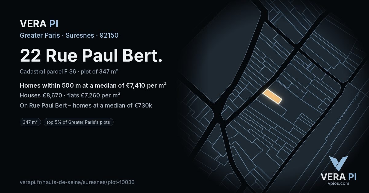 22 Rue Paul Bert, Suresnes at night – the plot lit, the parcels around coloured by the prices near them