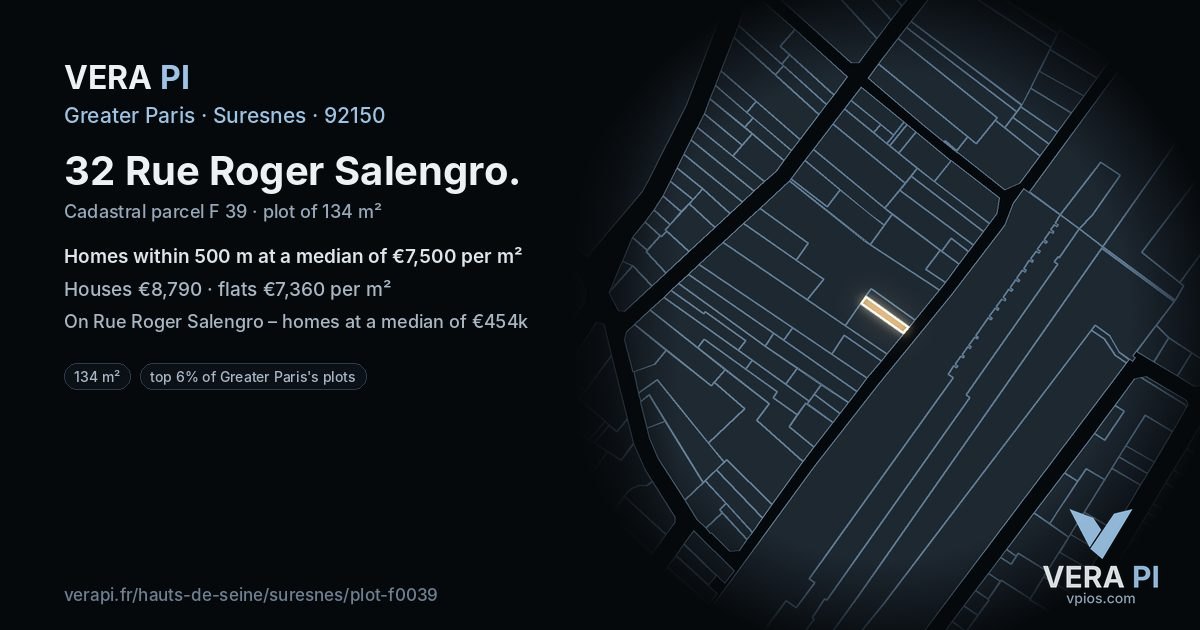 32 Rue Roger Salengro, Suresnes at night – the plot lit, the parcels around coloured by the prices near them