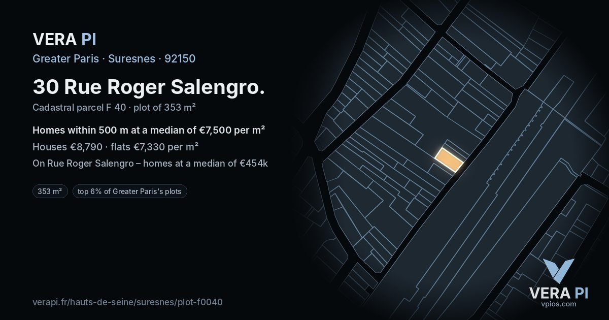 30 Rue Roger Salengro, Suresnes at night – the plot lit, the parcels around coloured by the prices near them