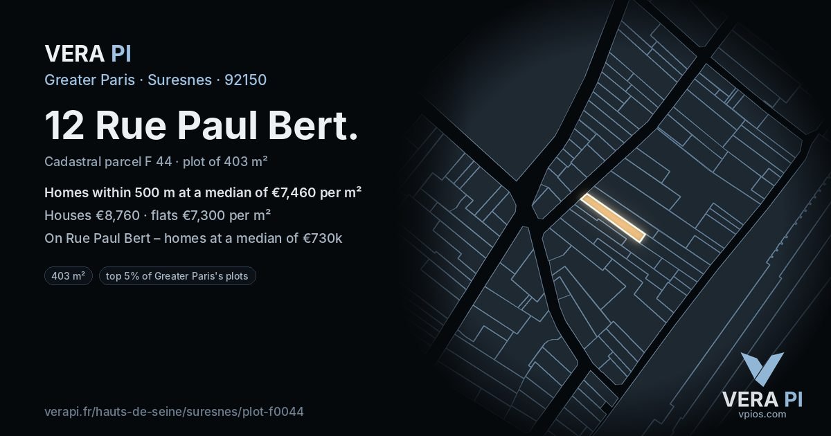 12 Rue Paul Bert, Suresnes at night – the plot lit, the parcels around coloured by the prices near them