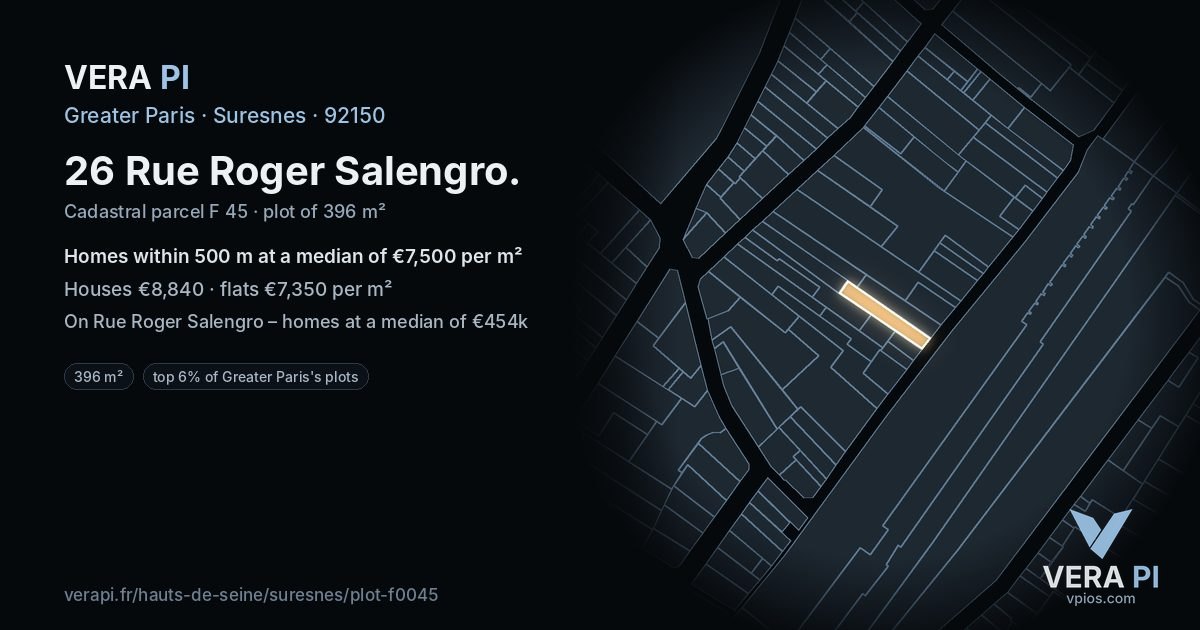 26 Rue Roger Salengro, Suresnes at night – the plot lit, the parcels around coloured by the prices near them