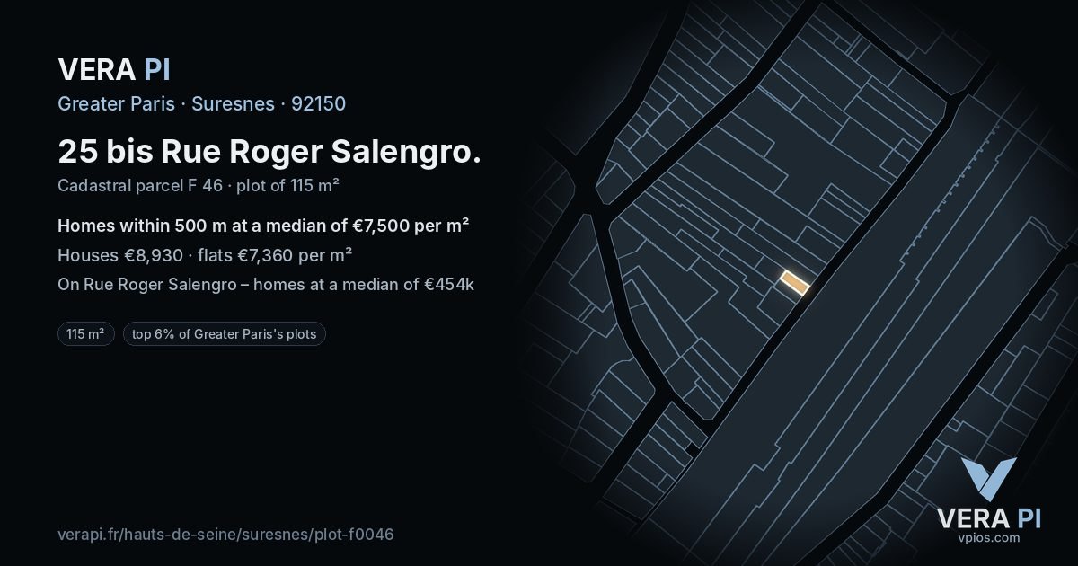 25 bis Rue Roger Salengro, Suresnes at night – the plot lit, the parcels around coloured by the prices near them
