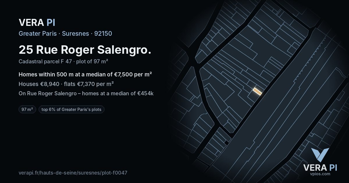 25 Rue Roger Salengro, Suresnes at night – the plot lit, the parcels around coloured by the prices near them