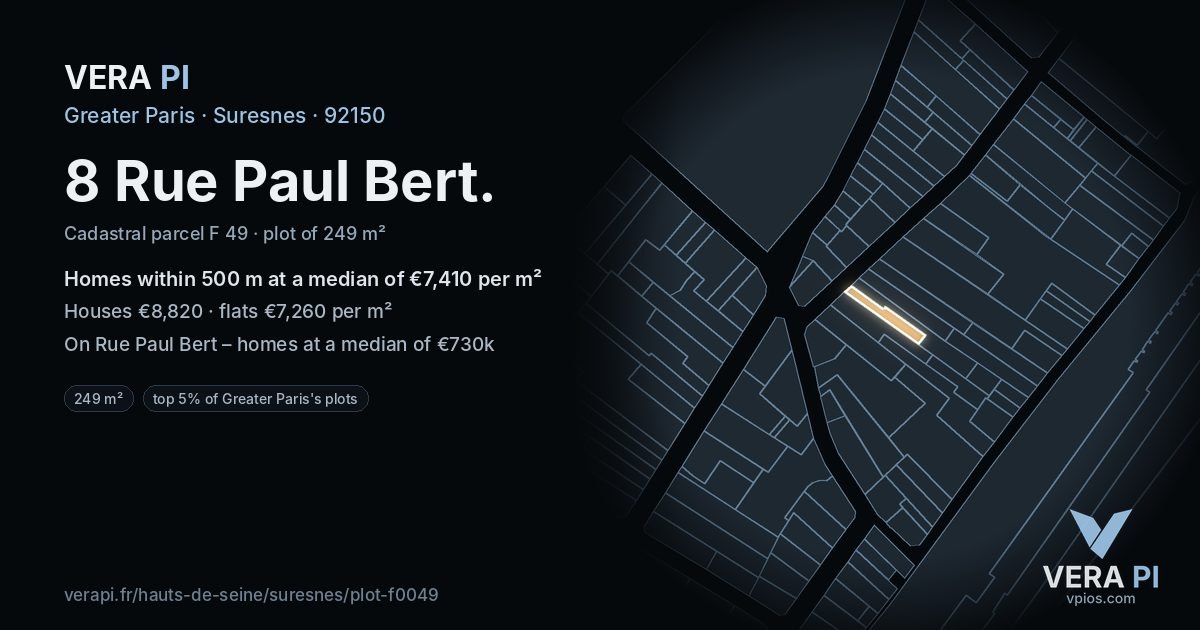 8 Rue Paul Bert, Suresnes at night – the plot lit, the parcels around coloured by the prices near them