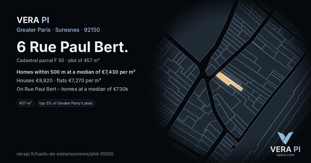 6 Rue Paul Bert, Suresnes at night – the plot lit, the parcels around coloured by the prices near them