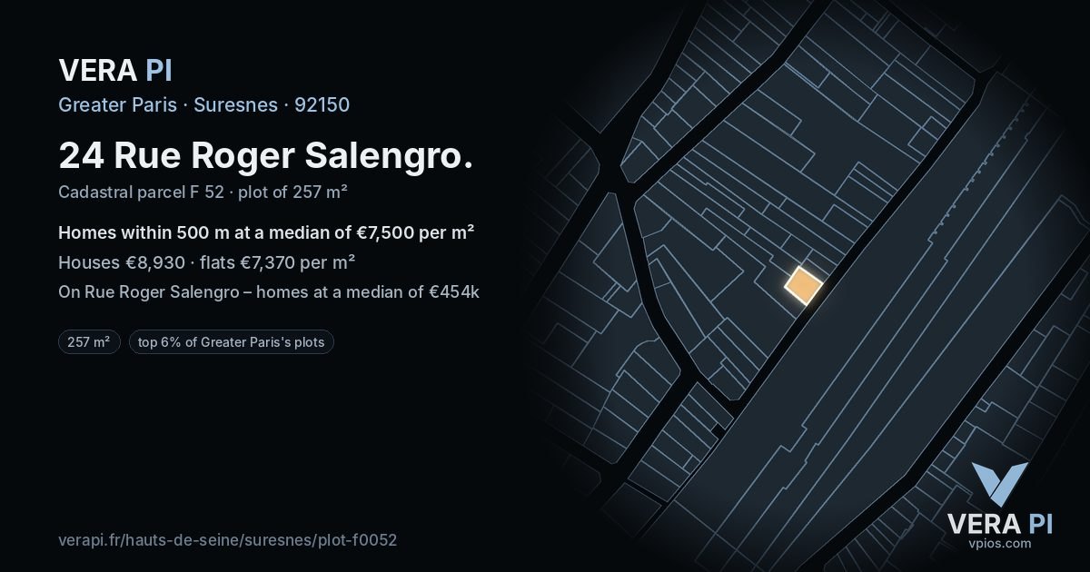 24 Rue Roger Salengro, Suresnes at night – the plot lit, the parcels around coloured by the prices near them