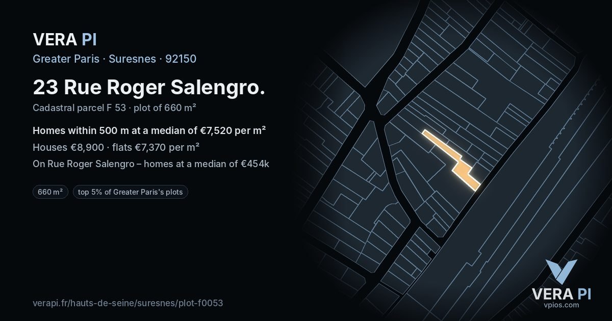 23 Rue Roger Salengro, Suresnes at night – the plot lit, the parcels around coloured by the prices near them