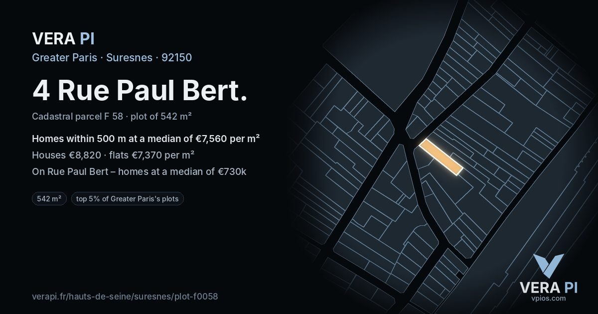 4 Rue Paul Bert, Suresnes at night – the plot lit, the parcels around coloured by the prices near them