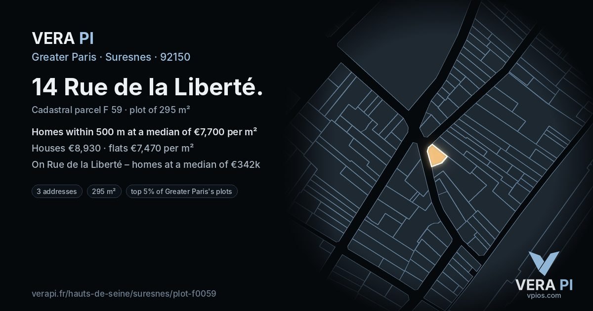 14 Rue de la Liberté, Suresnes at night – the plot lit, the parcels around coloured by the prices near them