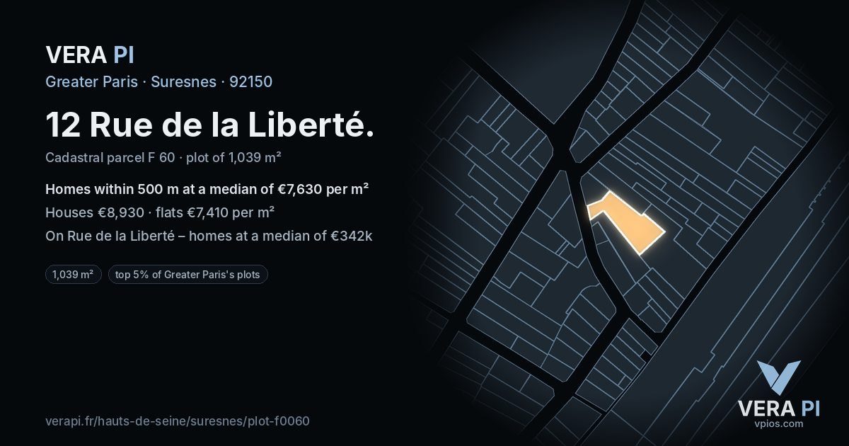 12 Rue de la Liberté, Suresnes at night – the plot lit, the parcels around coloured by the prices near them