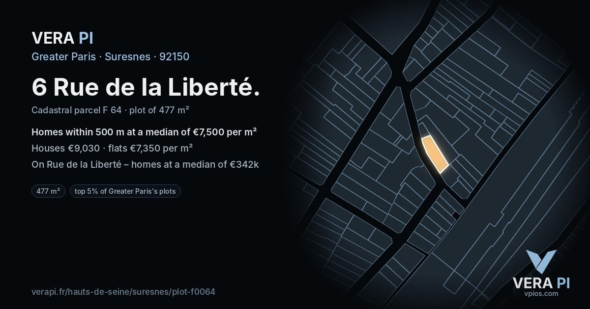 6 Rue de la Liberté, Suresnes at night – the plot lit, the parcels around coloured by the prices near them