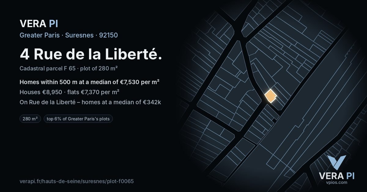 4 Rue de la Liberté, Suresnes at night – the plot lit, the parcels around coloured by the prices near them