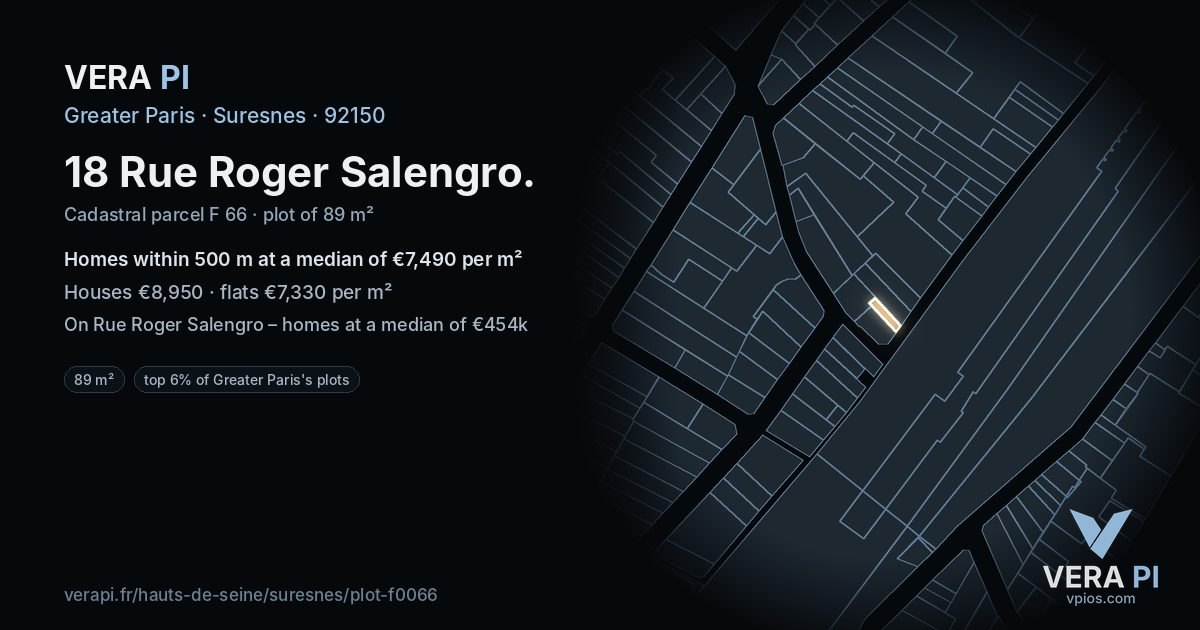 18 Rue Roger Salengro, Suresnes at night – the plot lit, the parcels around coloured by the prices near them
